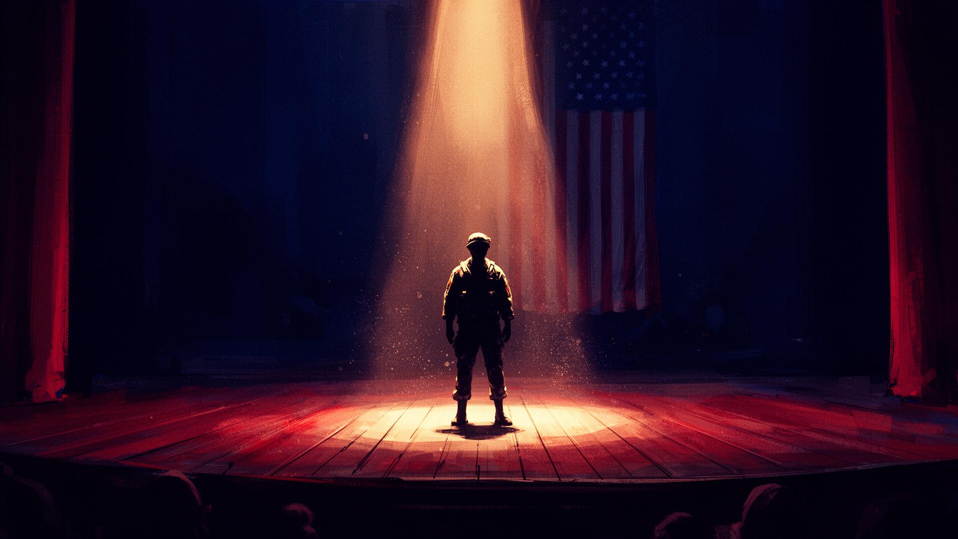 Soldier standing in a single spotlight on a theatre stage with American flag